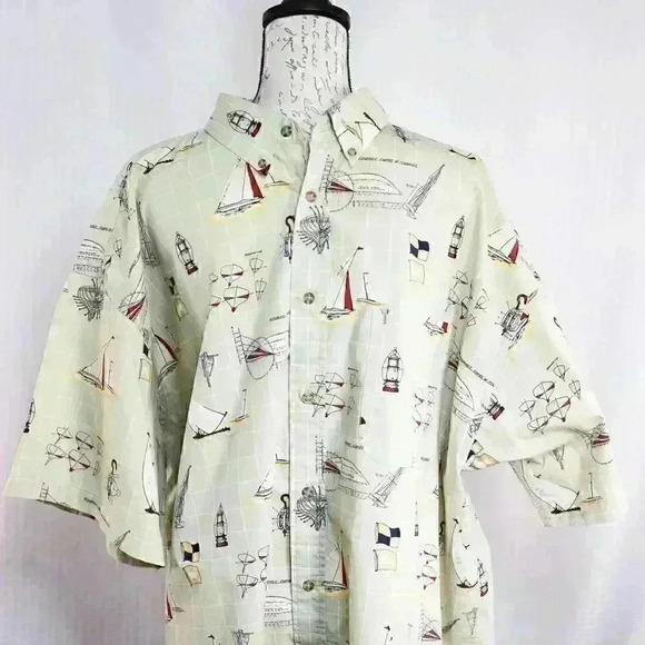 Puritan size 3XL 100% cotton nautical theme short sleeve button down shirt tan - Picture 2 of 16